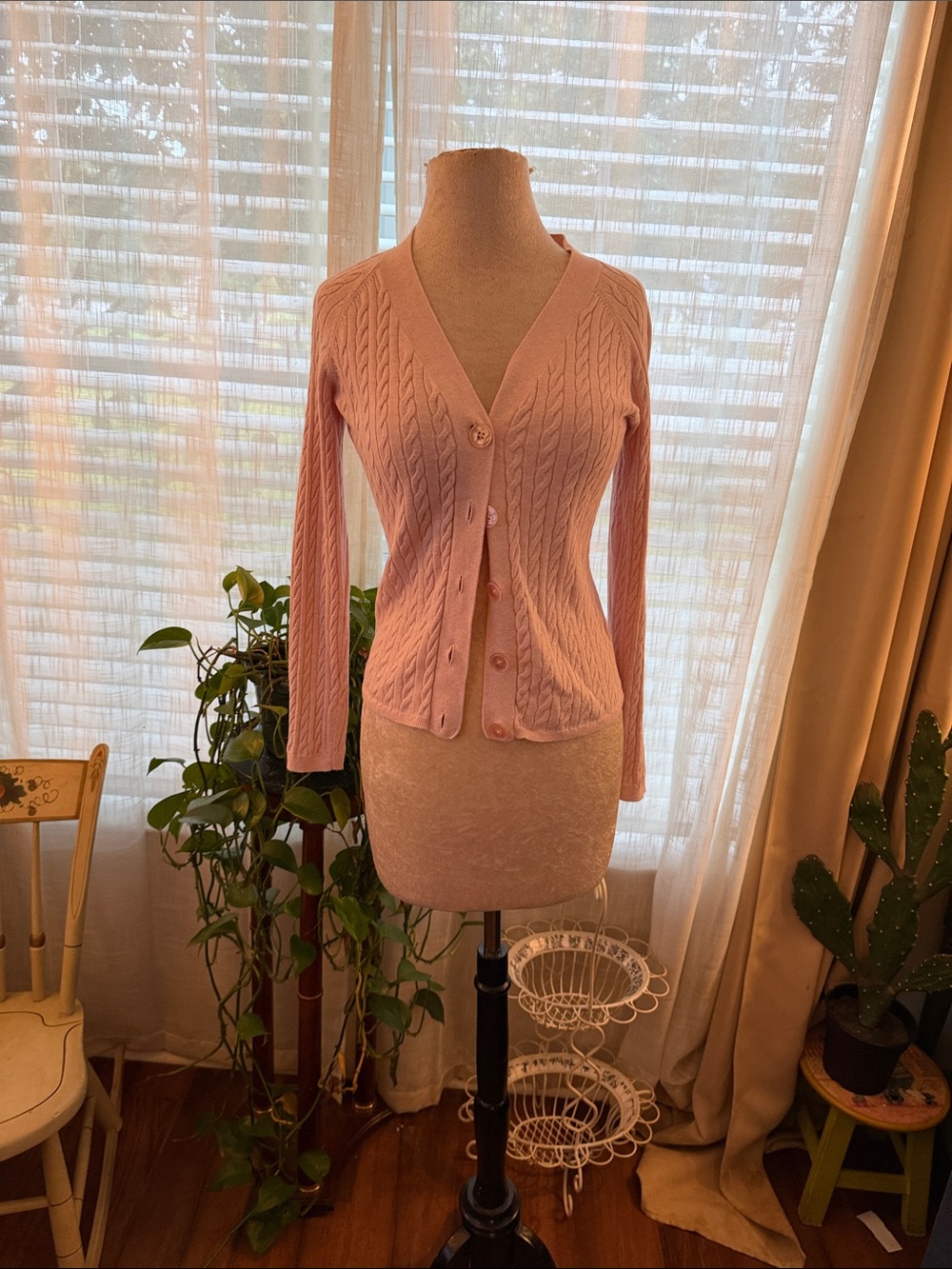 Talbots Pale Pink Cable-Knit Button Cardigan